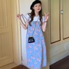 Rose Print Denim Midi Overall Dress