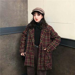 Double-breasted Plaid Coat Plaid - Wine Red - One Size