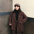 Double-breasted Plaid Coat Plaid - Wine Red - One Size