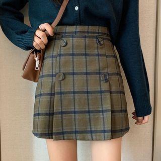 High-waist Plaid Double-breasted A-line Skirt