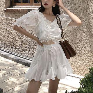 Balloon-sleeve Drawstring Eyelet Lace Blouse / A-line Skirt