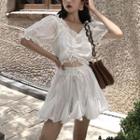 Balloon-sleeve Drawstring Eyelet Lace Blouse / A-line Skirt