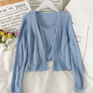 Set: Furry-knit Camisole Top + Open-front Cardigan In 8 Colors