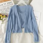 Set: Furry-knit Camisole Top + Open-front Cardigan In 8 Colors