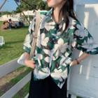 Elbow-sleeve Floral Print Shirt Floral - White & Green - One Size