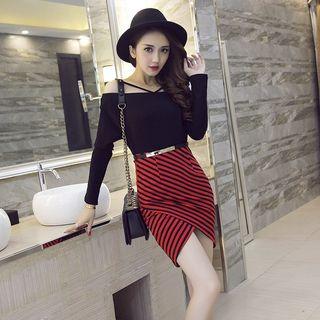Long-sleeve Cold-shoulder Diagonal Striped Sheath Minidress