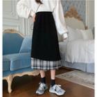 Mock Two-piece Plaid Midi A-line Skirt Black - One Size