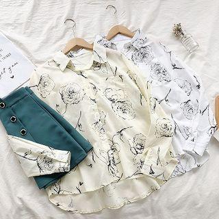 Rose Printed Single-breasted Long-sleeve Blouse