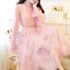 Faux Pearl Long-sleeve A-line Midi Mesh Dress