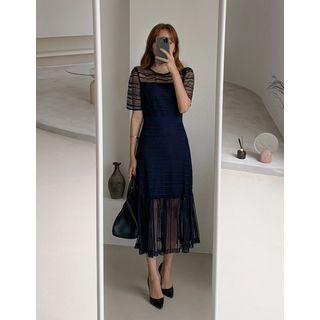 Frilled-hem Striped Tulle Lace Dress