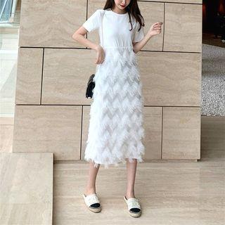 Short-sleeve Fringed Midi A-line Dress