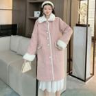 Contrast Trim Single Breast Shearling Long Coat Pink - One Size