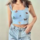 Square-neck Butterfly Print Crop Tank Top