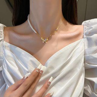 Faux Pearl Cz Butterfly Necklace Gold - One Size