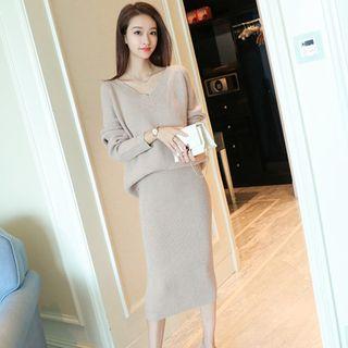 Set: Long-sleeve Knit Sweater + Midi Skirt