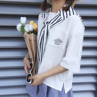 Striped Panel Lettering 3/4 Sleeve T-shirt
