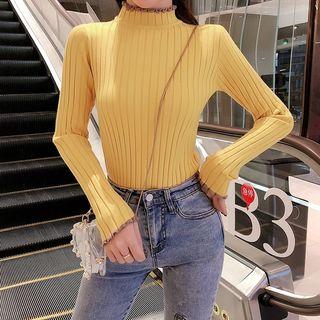 Long-sleeve Mock-neck Ruffle-trim Knit Top