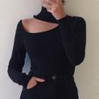 Cutout Long-sleeve Knit Top Black - One Size