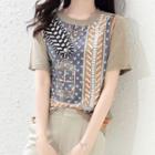 Short Sleeve Print Knit Top As Shown In Figure - One Size