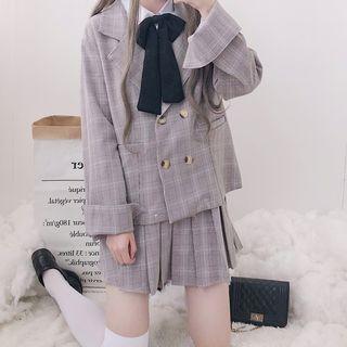 Double-breasted Plaid Blazer / Mini A-line Pleated Skirt / Plaid Shirt / Set