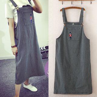 Embroidered Pinstriped Dungaree Dress