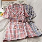 Double-breasted Plaid Mini Dress With Sash