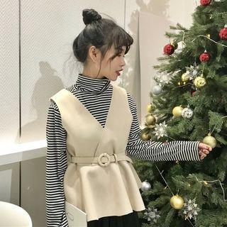 Set: V-neck Vest + Long-sleeve Striped T-shirt Vest - Beige - One Size / T-shirt - Stripe - Black - One Size