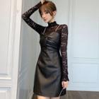 Set: Long-sleeve Lace Top + Strappy Faux Leather Mini Overall Dress