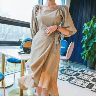 Puff-sleeve Flounced Midi Wrap Dress