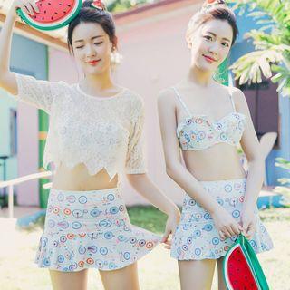 Set: Short-sleeve Crochet Top + Printed Bikini Top + Swim Skirt