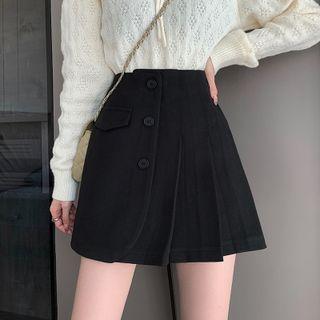 High Waist Plain Single Breasted Woolen A-line Pleated Skirt