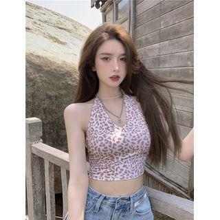Halter-neck Leopard Print Crop Tank Top Leopard Print - Pink - One Size