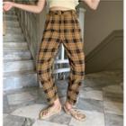 Pom Pom Short-sleeve Cropped Sweater / Check Loose-fit Pants