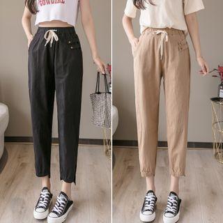 Drawstring-waist Slit-hem Tapered Cropped Pants