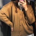 V-neck Plain Cardigan Khaki - One Size