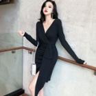 V-neck Long-sleeve Sheath Mini Dress Black - One Size