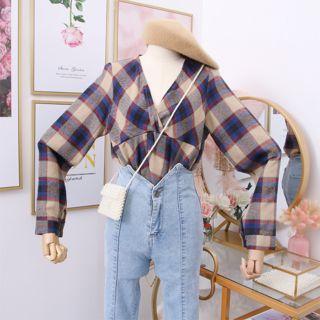 Checker V-neck Blouse