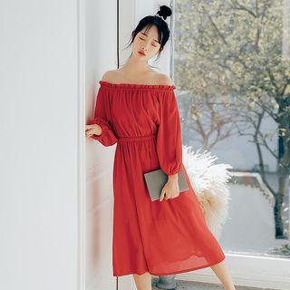 Off Shoulder 3/4-sleeve A-line Chiffon Dress