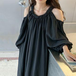 3/4-sleeve Cold Shoulder Midi Shift Dress
