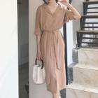 Tie-waist 3/4 Sleeve Midi Shirt Dress