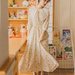 3/4-sleeve Collared Midi A-line Dress