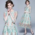 Floral Jacquard Mesh 3/4-sleeve Midi A-line Dress