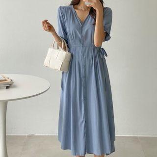 Pleated Tie-waist Shirtdress