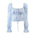 Flared-cuff Floral Print Drawstring Blouse Blue Floral - White - One Size