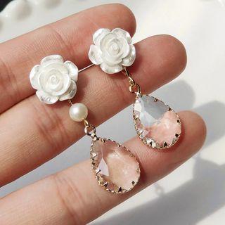 Asymmetrical Rose Faux Crystal Drop Earring 1 Pair - 1872 - White Rose & Drop - White - One Size