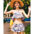 Set: Floral Print Ruffled Bikini Top + Swim Skirt