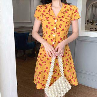 Short Sleeve Pattern V-neck Mini Dress As Shown In Figure - One Size