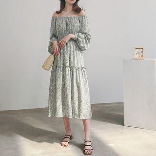 Floral Print A-line Midi Chiffon Dress Green - One Size