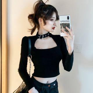 Choker-neck Buckled Long-sleeve Cropped T-shirt
