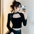 Choker-neck Buckled Long-sleeve Cropped T-shirt